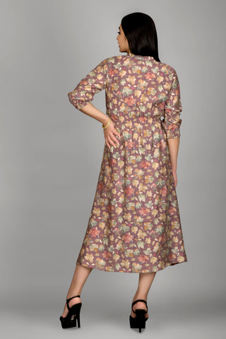 Dark Rose Colour Calf Length With Floral Print Midi