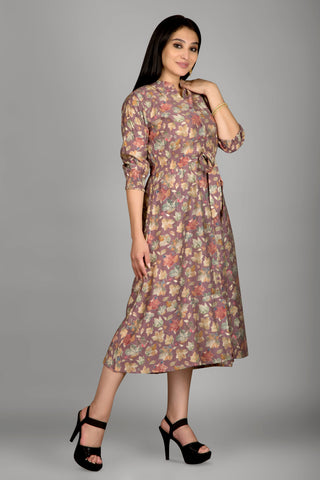 Dark Rose Colour Calf Length With Floral Print Midi