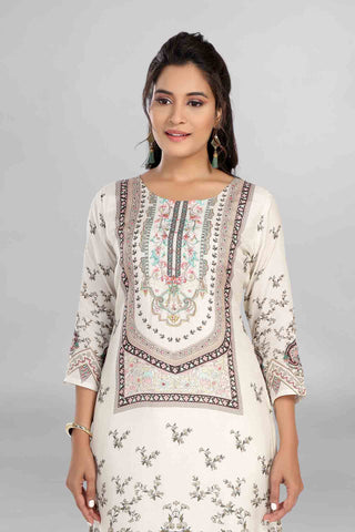 Off White Colour Printed Kurti Paired With Pant And Dupatta