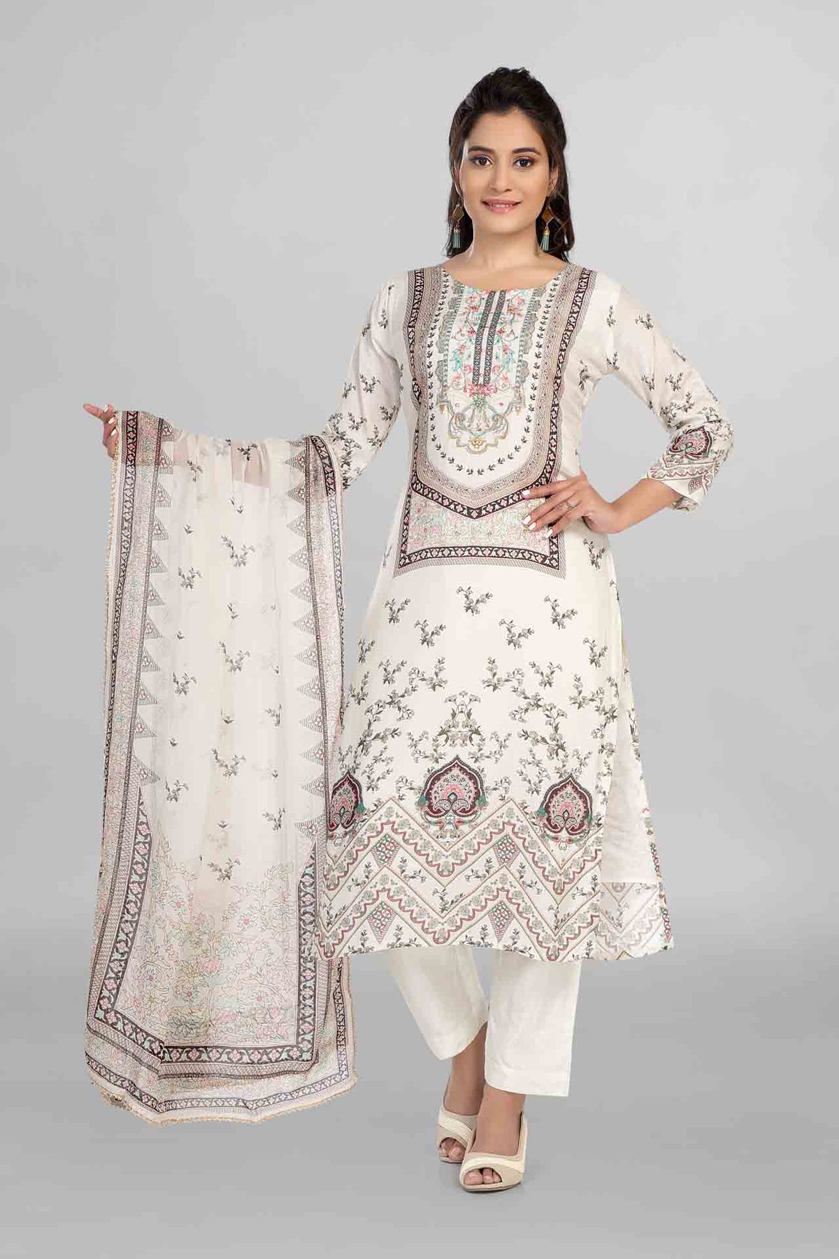 Off White Colour Printed Kurti Paired With Pant And Dupatta