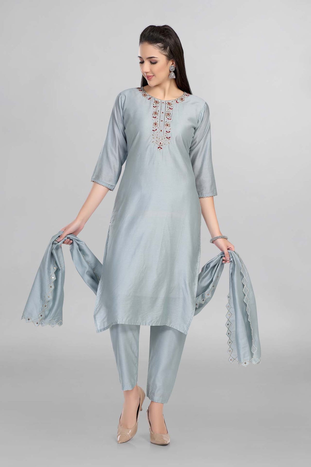 Grey Colour Gotta Work Kurti Paired With Pant Dupatta