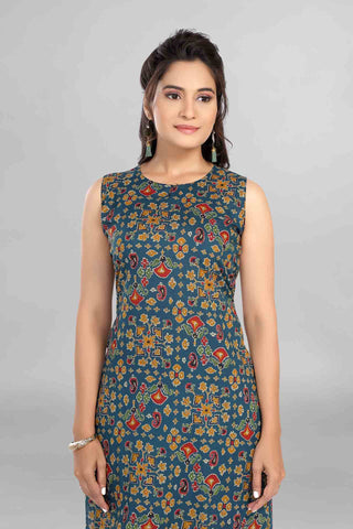 Imperial Blue Colour Cotton Kurti Paired With Pant And Dupatta