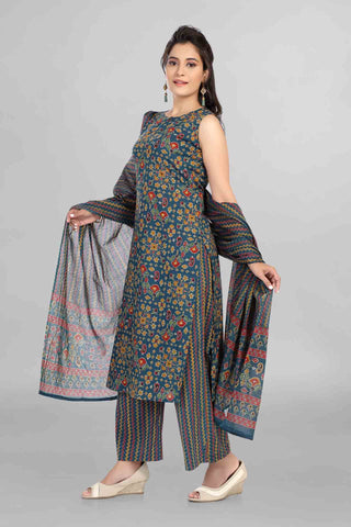 Imperial Blue Colour Cotton Kurti Paired With Pant And Dupatta