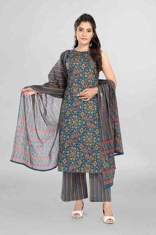 Imperial Blue Colour Cotton Kurti Paired With Pant And Dupatta