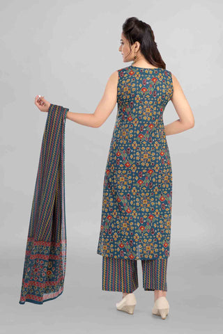 Imperial Blue Colour Cotton Kurti Paired With Pant And Dupatta