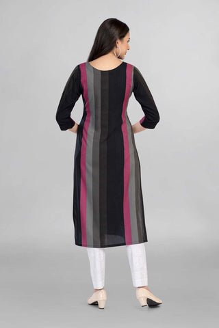 Black Multicolour Round Neck Solid Kurti