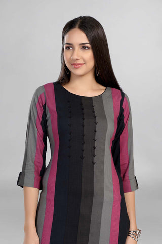 Black Multicolour Round Neck Solid Kurti