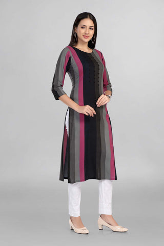 Black Multicolour Round Neck Solid Kurti