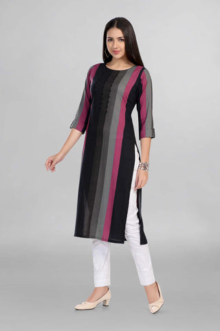 Black Multicolour Round Neck Solid Kurti