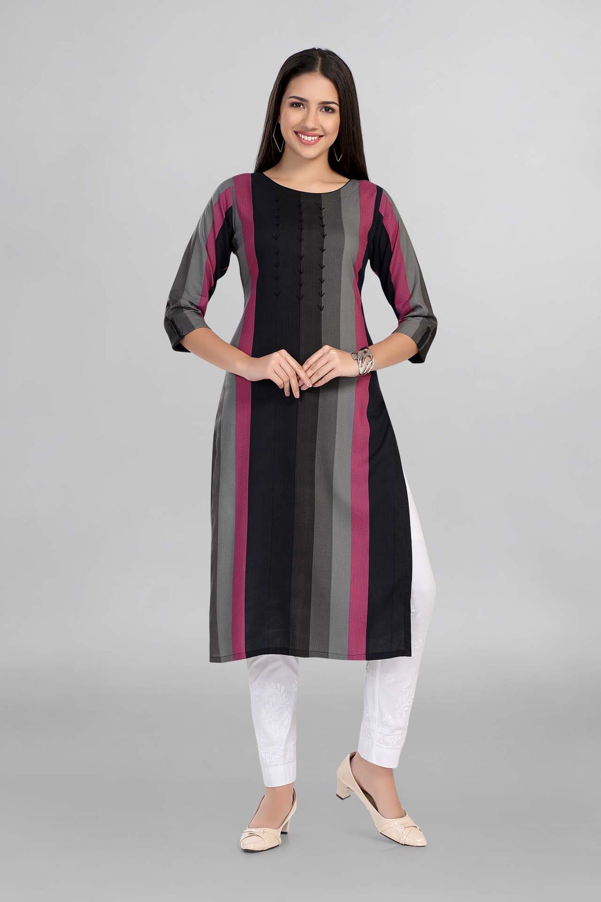 Black Multicolour Round Neck Solid Kurti