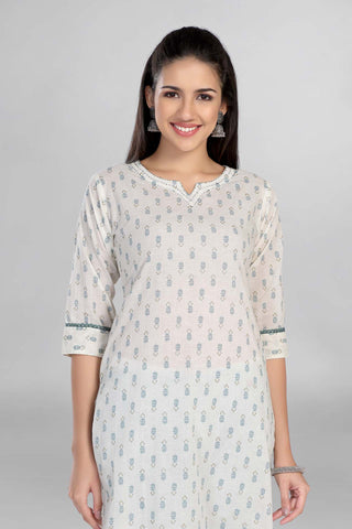 White Colour Casual Wear Printed Kurti Paired With Slim Pant And Dupatta