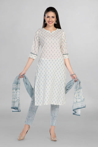 White Colour Casual Wear Printed Kurti Paired With Slim Pant And Dupatta