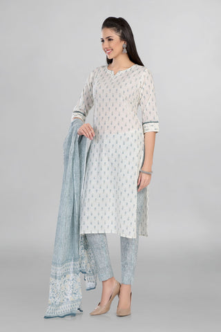 White Colour Casual Wear Printed Kurti Paired With Slim Pant And Dupatta