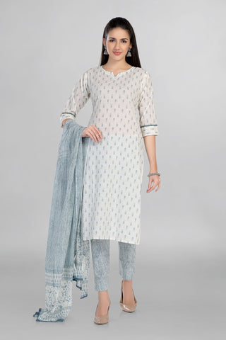 White Colour Casual Wear Printed Kurti Paired With Slim Pant And Dupatta