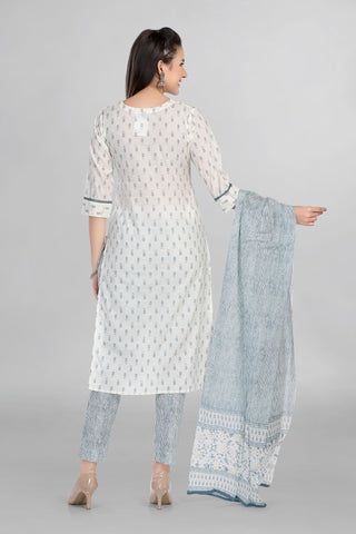 White Colour Casual Wear Printed Kurti Paired With Slim Pant And Dupatta