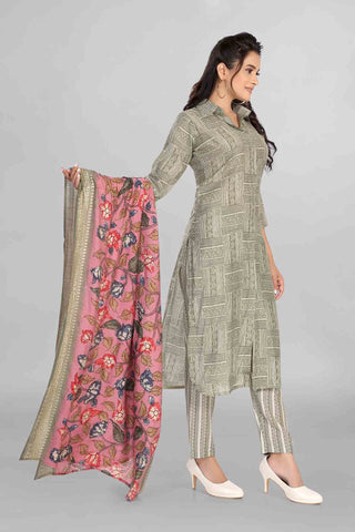 Green Colour Muslin Kurti Paired With Pant Dupatta