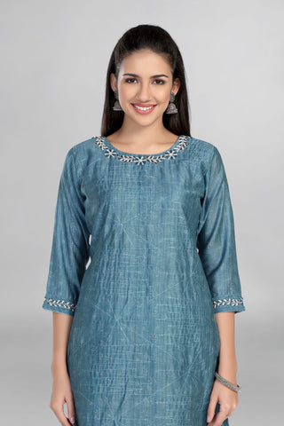 Beautiful Blue Colour Kurti Paired With Pant And Printed Dupatta