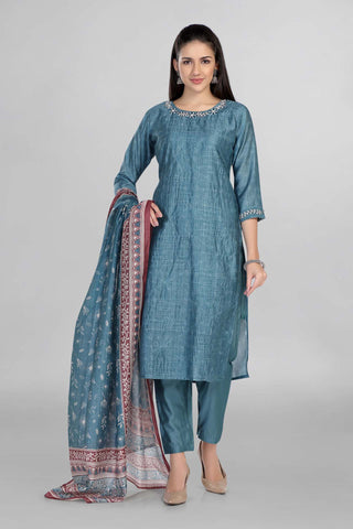 Beautiful Blue Colour Kurti Paired With Pant And Printed Dupatta