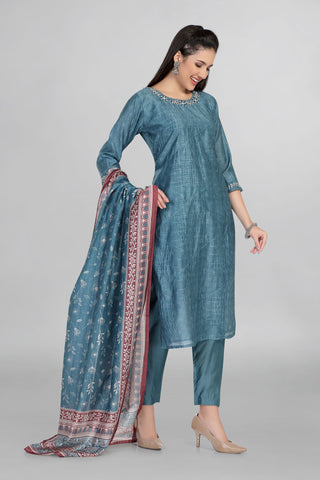 Beautiful Blue Colour Kurti Paired With Pant And Printed Dupatta