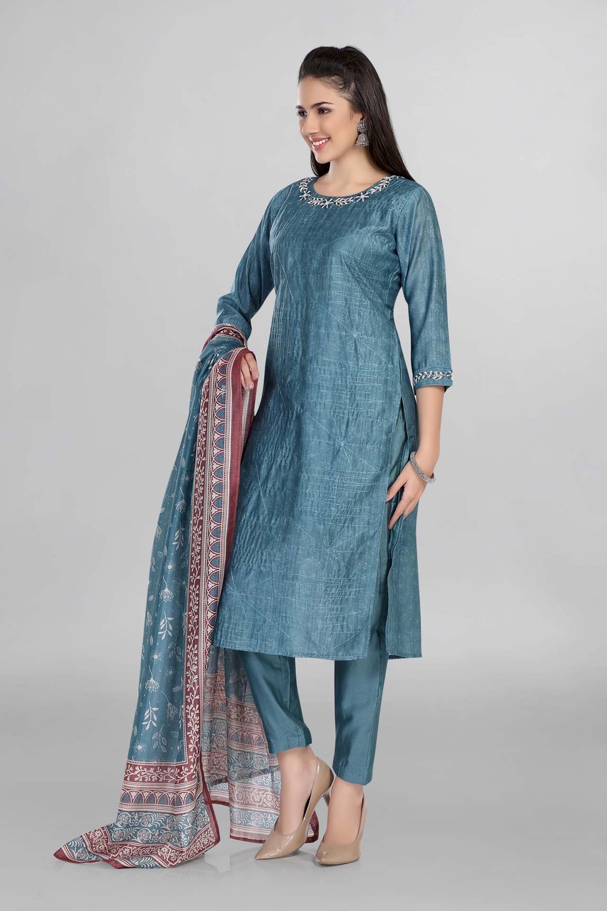 Beautiful Blue Colour Kurti Paired With Pant And Printed Dupatta