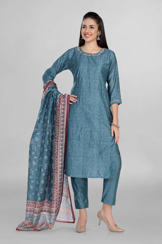 Beautiful Blue Colour Kurti Paired With Pant And Printed Dupatta