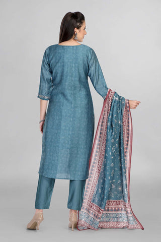 Beautiful Blue Colour Kurti Paired With Pant And Printed Dupatta