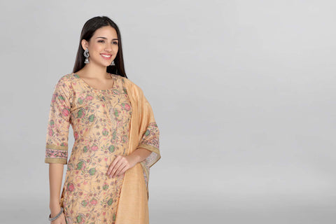 Mustard Colour Kurti Paired With Pant And Dupatta