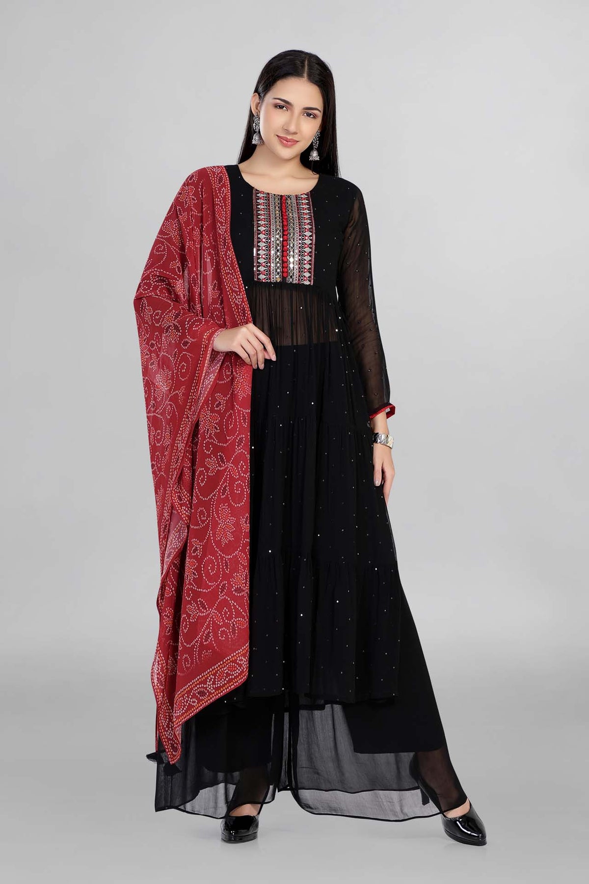 Black Colour Printed Kurti Paired With Pant And Dupatta