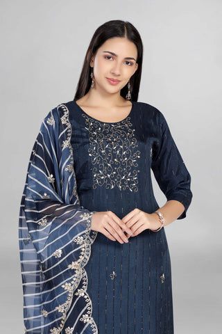 Blue Colour Beautiful Embroidered Kurti Paired With Pant And Dupatta