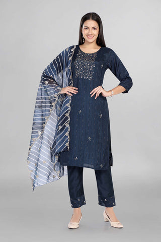 Blue Colour Beautiful Embroidered Kurti Paired With Pant And Dupatta