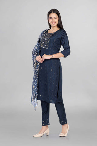 Blue Colour Beautiful Embroidered Kurti Paired With Pant And Dupatta