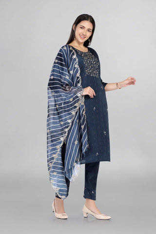 Blue Colour Beautiful Embroidered Kurti Paired With Pant And Dupatta