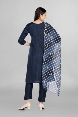 Blue Colour Beautiful Embroidered Kurti Paired With Pant And Dupatta