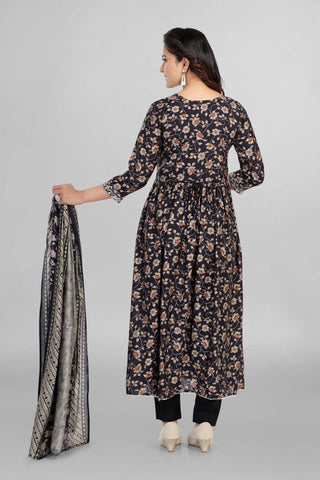 Beautiful Black Colour Printed Nyra Cut Kurti With Pant And Dupatta