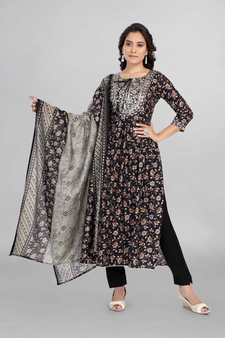 Beautiful Black Colour Printed Nyra Cut Kurti With Pant And Dupatta