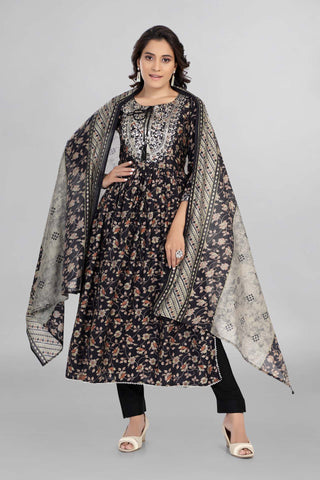 Beautiful Black Colour Printed Nyra Cut Kurti With Pant And Dupatta