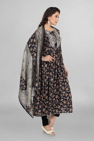 Beautiful Black Colour Printed Nyra Cut Kurti With Pant And Dupatta