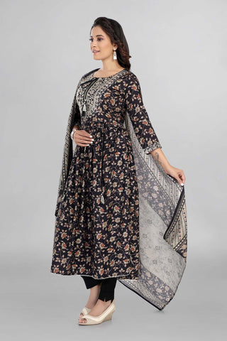 Beautiful Black Colour Printed Nyra Cut Kurti With Pant And Dupatta