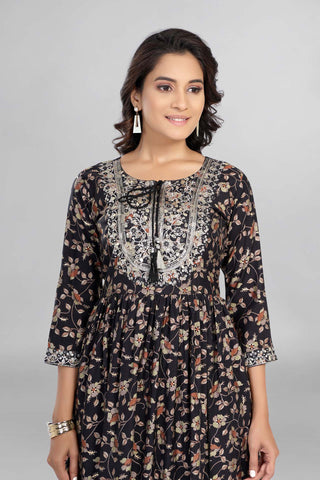 Beautiful Black Colour Printed Nyra Cut Kurti With Pant And Dupatta