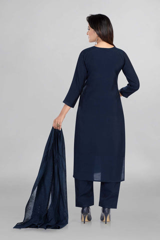 Blue Colour Neck Mirror Work Kurti Paired With Pant And Dupatta