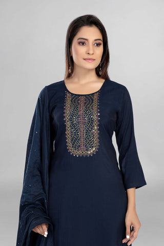 Blue Colour Neck Mirror Work Kurti Paired With Pant And Dupatta