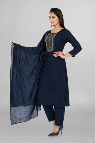 Blue Colour Neck Mirror Work Kurti Paired With Pant And Dupatta