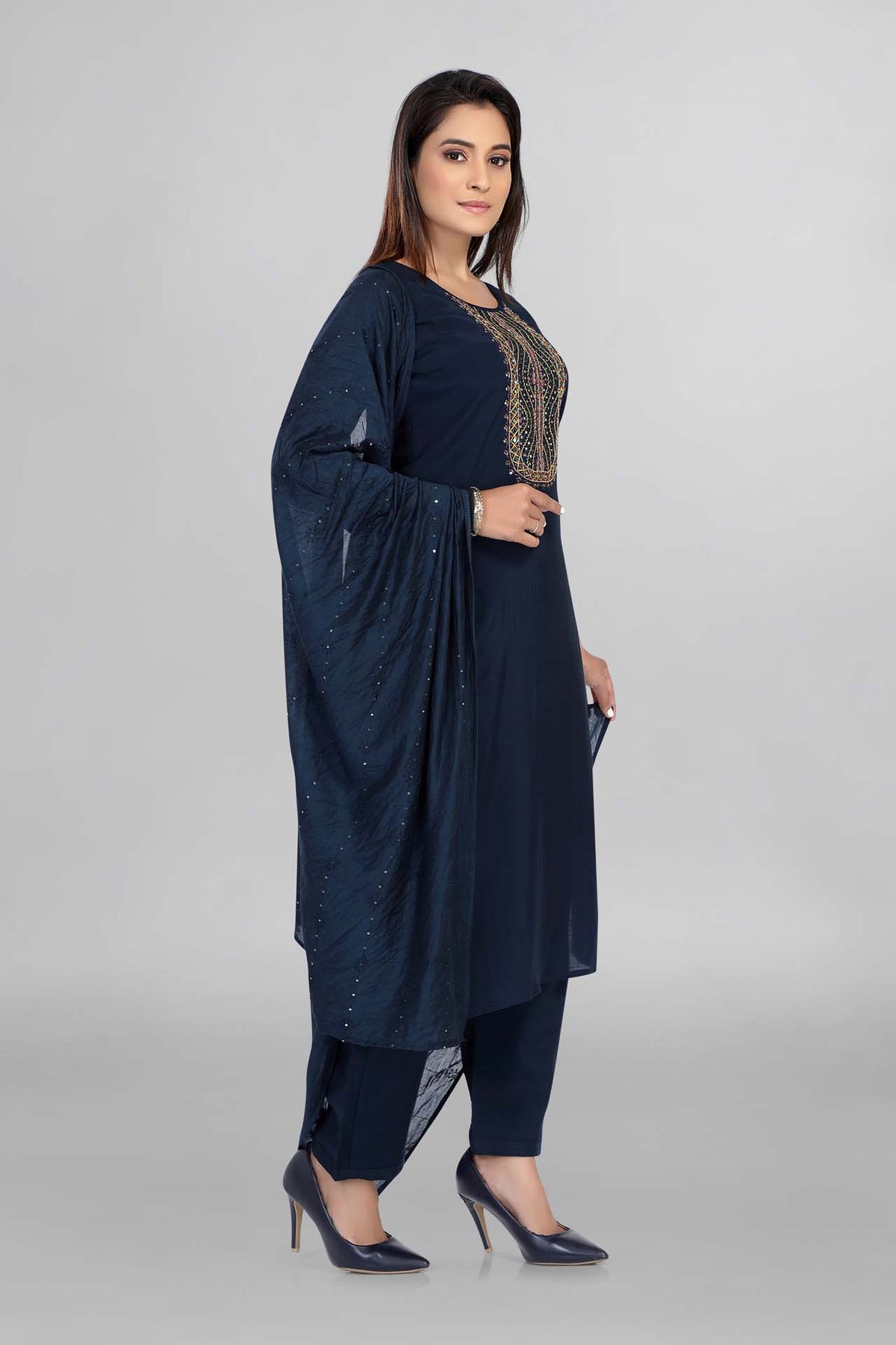 Blue Colour Neck Mirror Work Kurti Paired With Pant And Dupatta