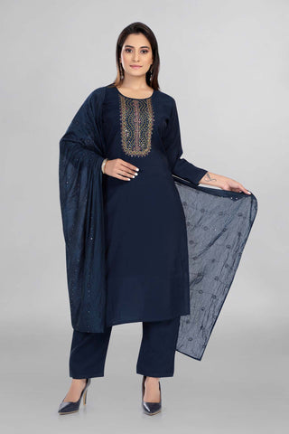 Blue Colour Neck Mirror Work Kurti Paired With Pant And Dupatta