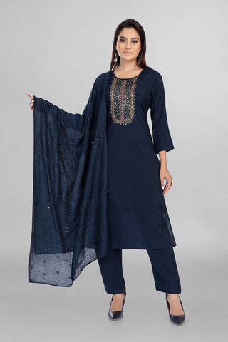 Blue Colour Neck Mirror Work Kurti Paired With Pant And Dupatta