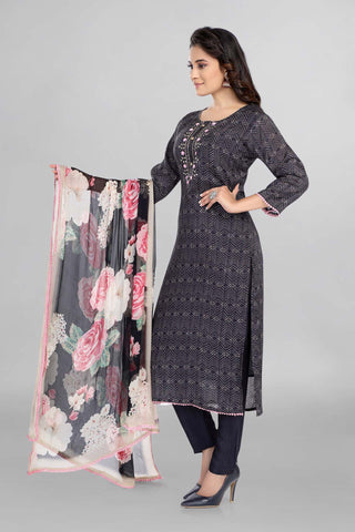 Blue Colour Printed Kurti Paired With Pant And Dupatta