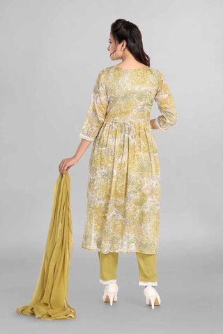 Green Colour Nyra Cut Printed Kurti with Thread Embroidered Neckline Paired With Pant And Dupatta