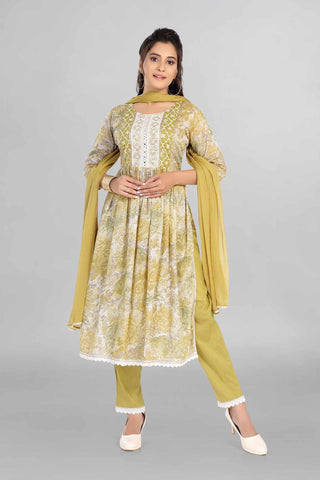 Green Colour Nyra Cut Printed Kurti with Thread Embroidered Neckline Paired With Pant And Dupatta