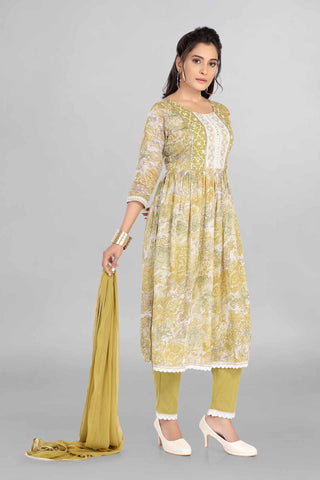 Green Colour Nyra Cut Printed Kurti with Thread Embroidered Neckline Paired With Pant And Dupatta