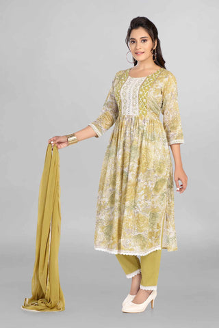 Green Colour Nyra Cut Printed Kurti with Thread Embroidered Neckline Paired With Pant And Dupatta